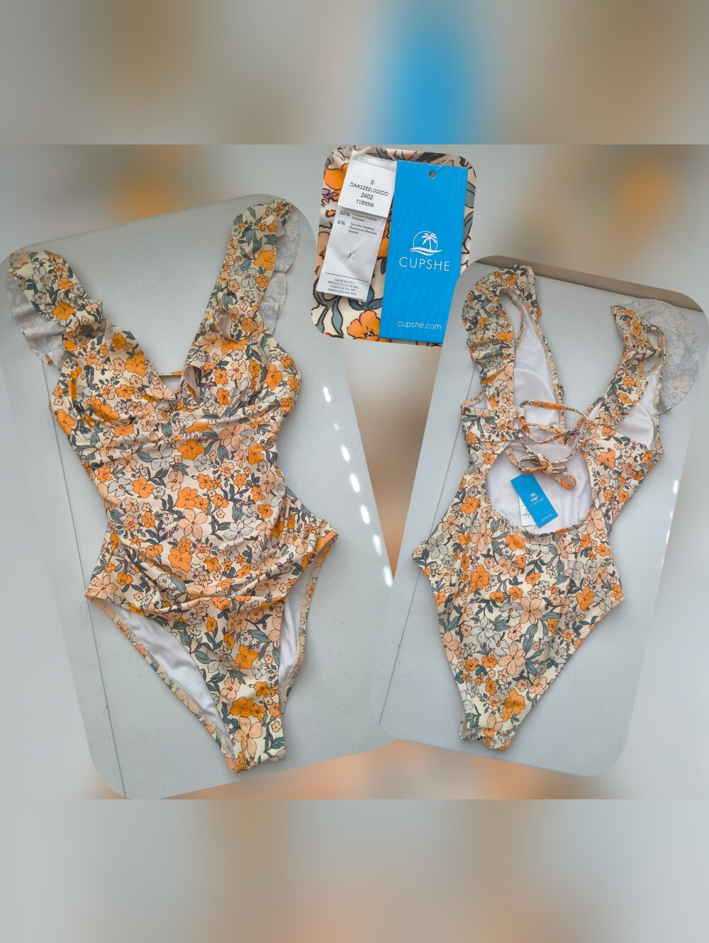 Cupshe Floral One-Piece Swimsuit — Orange & Cream Floral